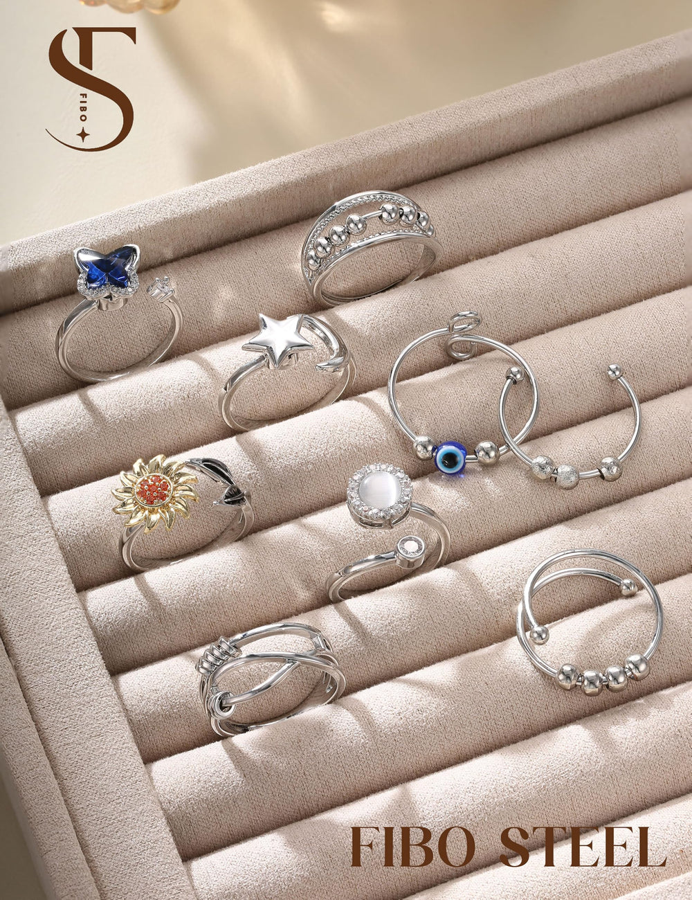 FIBO STEEL open-adjustable ring adapts to most finger sizes for comfort