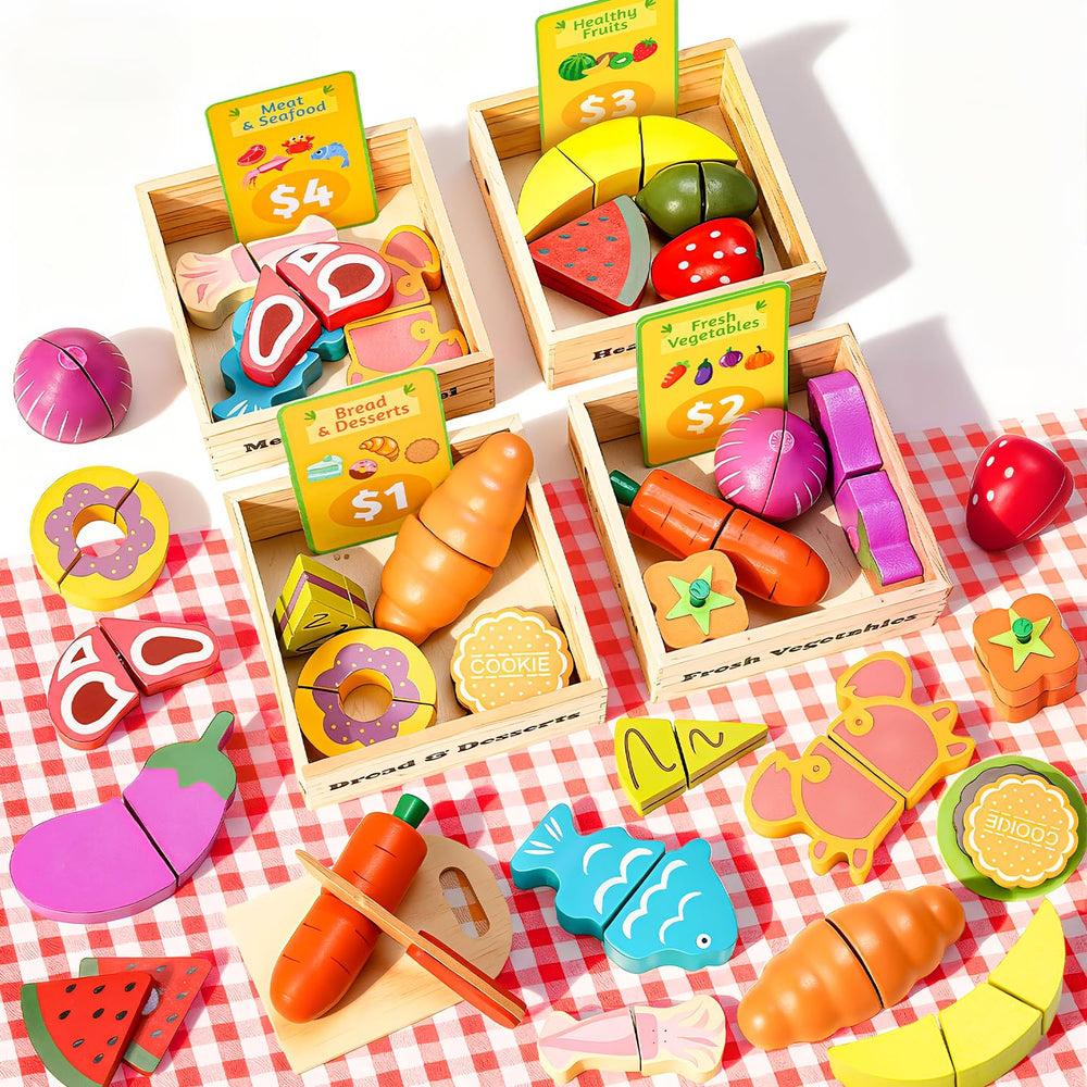 Fiderix 70 PCS play food set with cutting fruits for interactive pretend play and learning.
