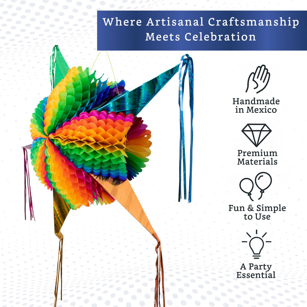 Fiesta Wraps handmade cone pinata closeup highlights traditional craftsmanship and unique character.