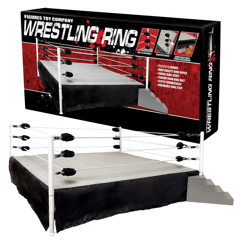 Figures Toy Company wrestling ring assembly shows sturdy setup for action figures display.