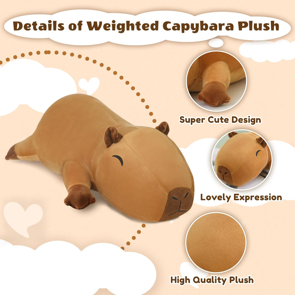Finebee weighted capybara plush, 35 cm size, ideal for shelf display and comfort.
