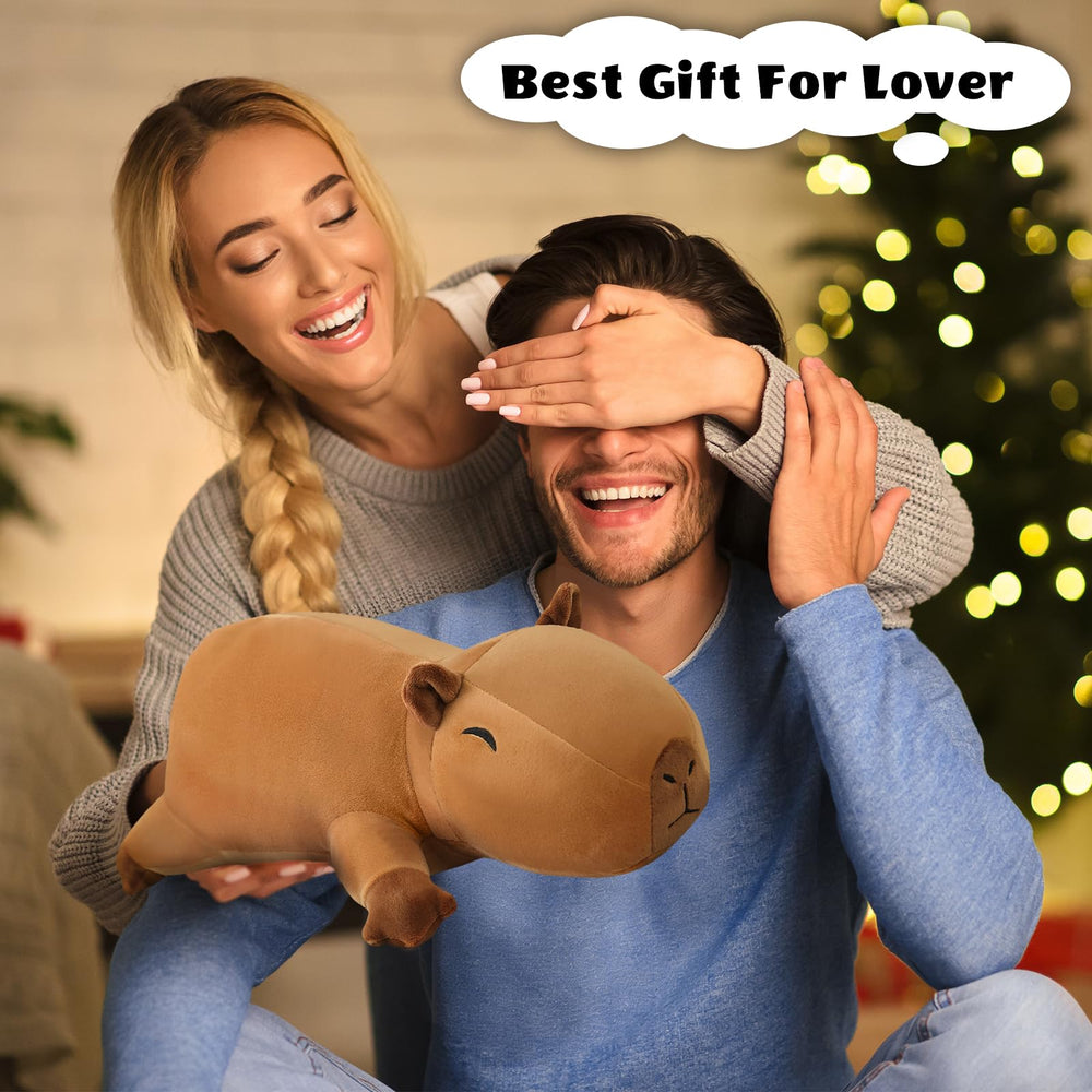 Finebee weighted capybara plush packaging showing vacuum seal and quick setup.