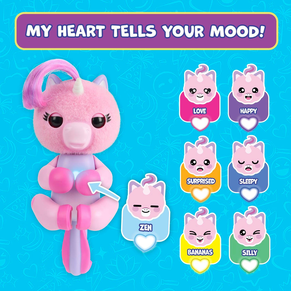 Fingerlings Mimi pink LED heart glows to hint fortune and mood.