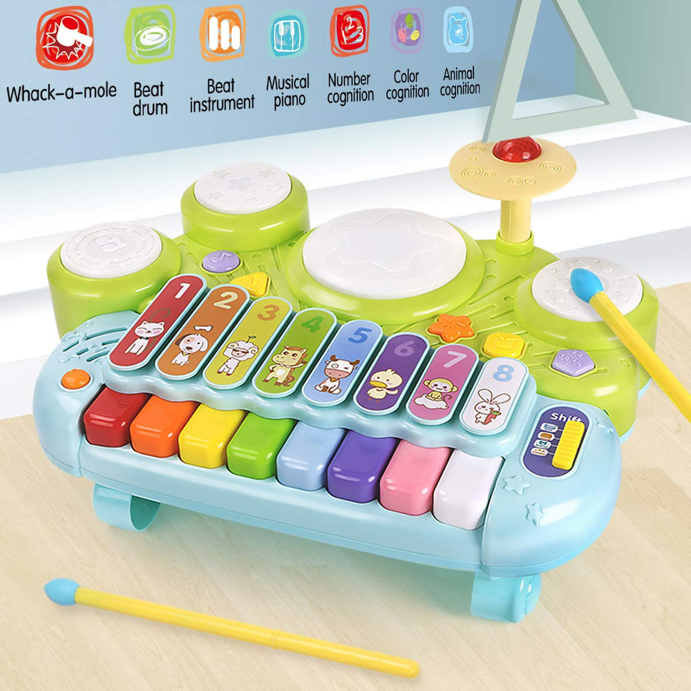 Fisca 3-in-1 drum set with lights for interactive rhythm practice.