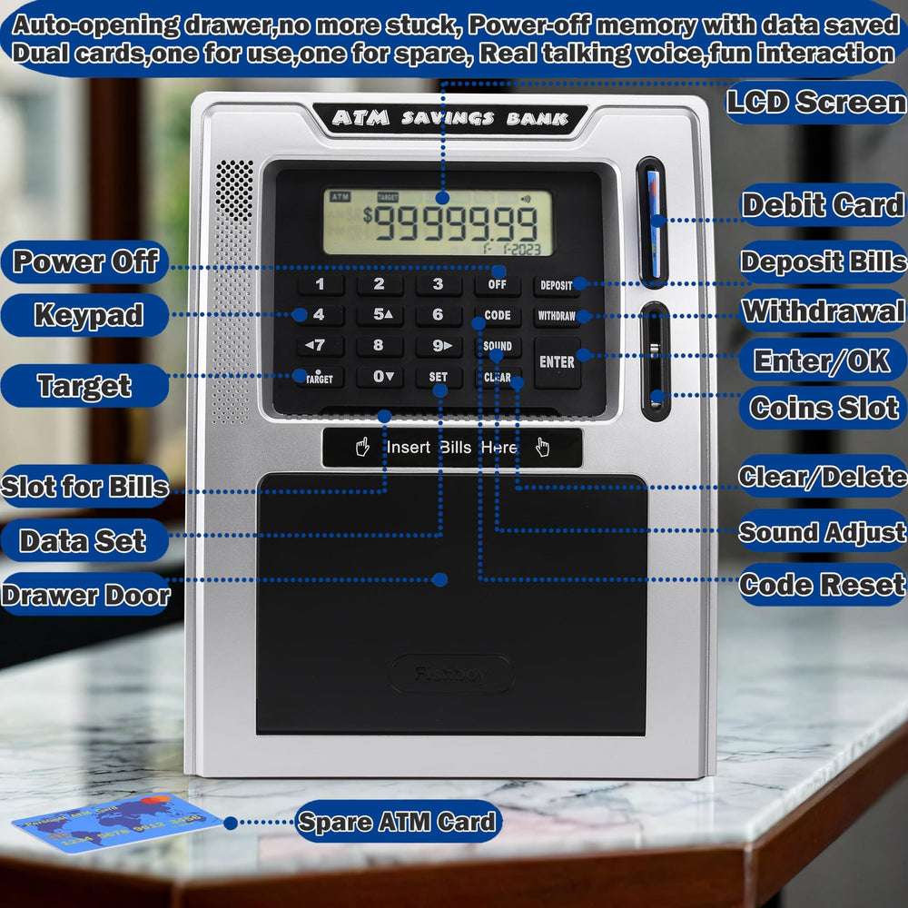 Fishboy extra-large capacity piggy bank stores growing savings.