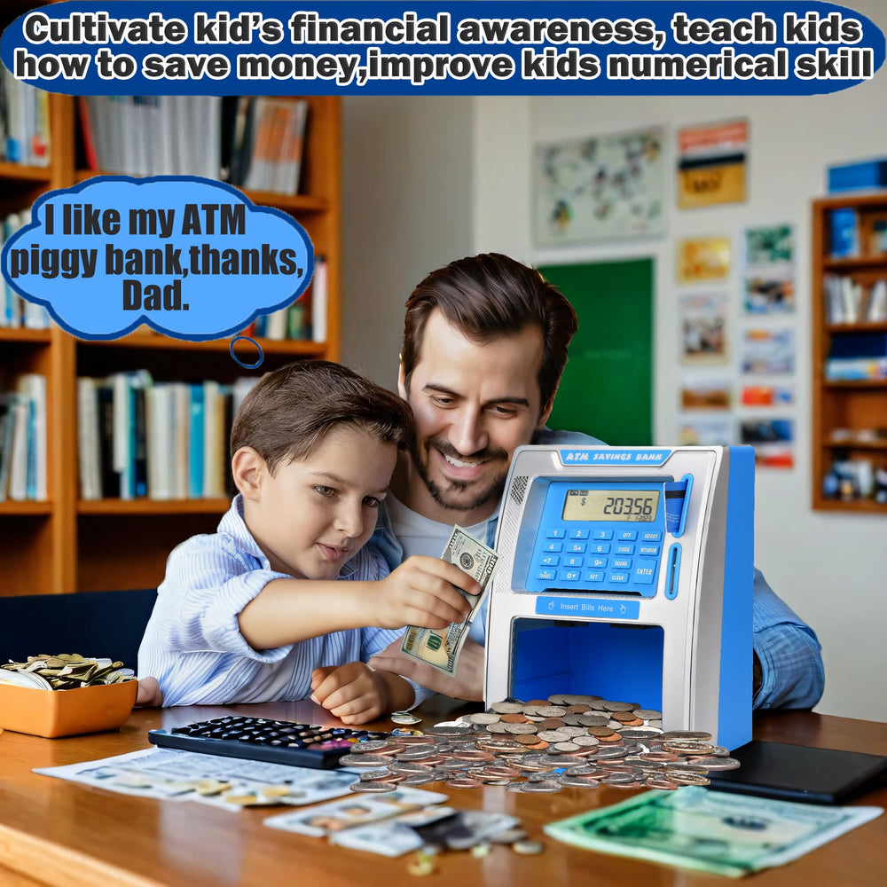 Fishboy piggy bank with debit card in use, real money deposits and withdrawals.