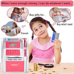 Fishboy Pink ATM Piggy Bank reads coins for automatic balance updates