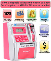 Fishboy Pink ATM Piggy Bank showing debit card access and PIN entry
