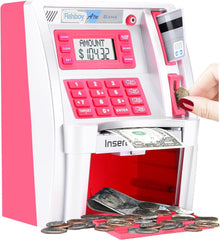 Fishboy Pink ATM Piggy Bank with real-time balance display for kids
