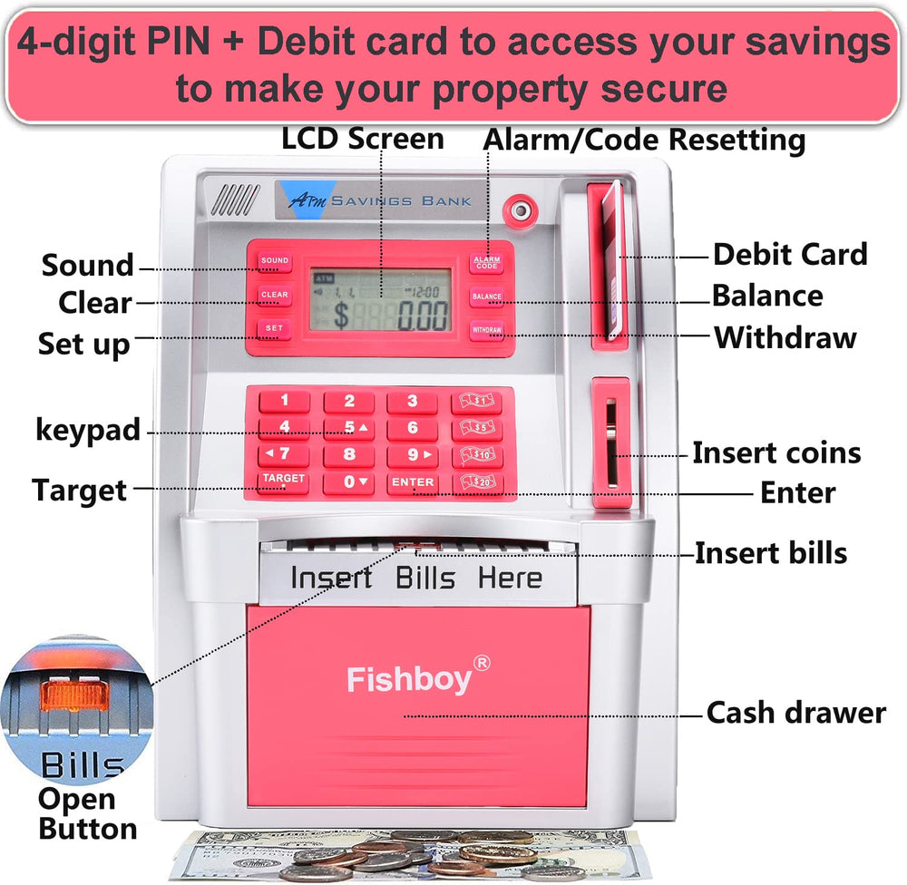 Fishboy Pink ATM Piggy Bank featuring onekey shutdown for quick power off