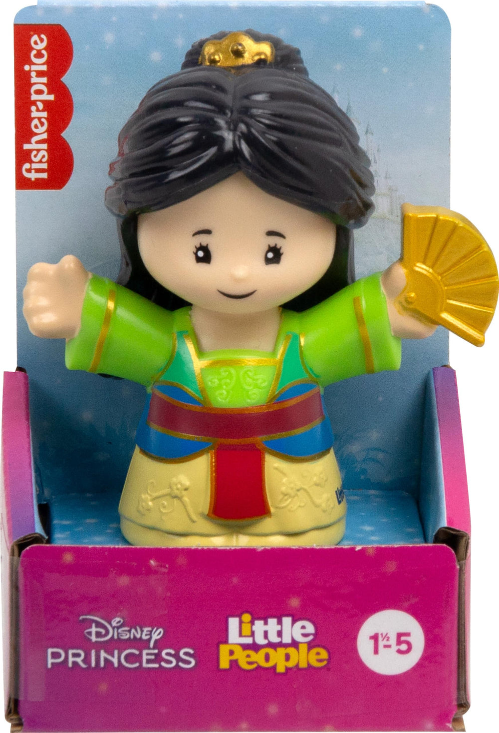 Fisher-Price Disney Mulan figure packaging for easy storage and gifting.