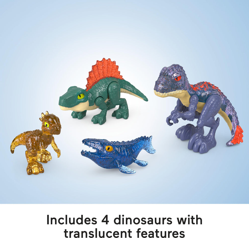 Fisher-Price Imaginext dinosaurs with translucent features glow under lights.