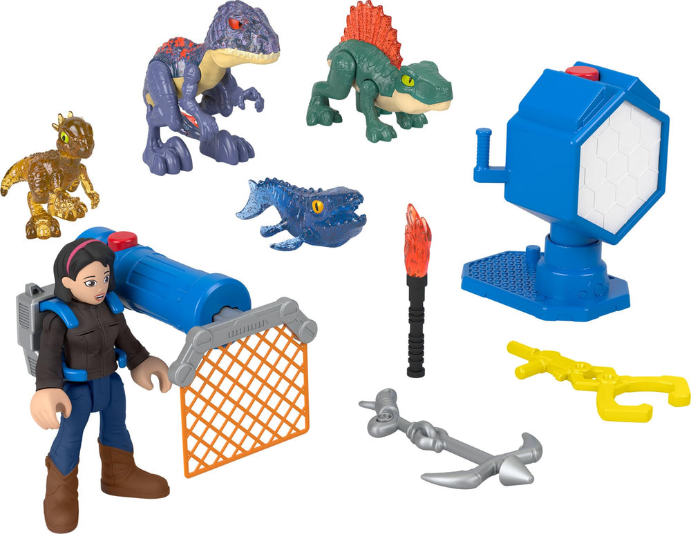 Fisher-Price Imaginext Jurassic World Evo-Scanner glows dino details during pretend play.