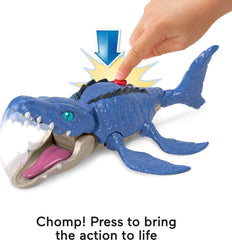 Mosasaurus with movable fins adds dynamic underwater play.