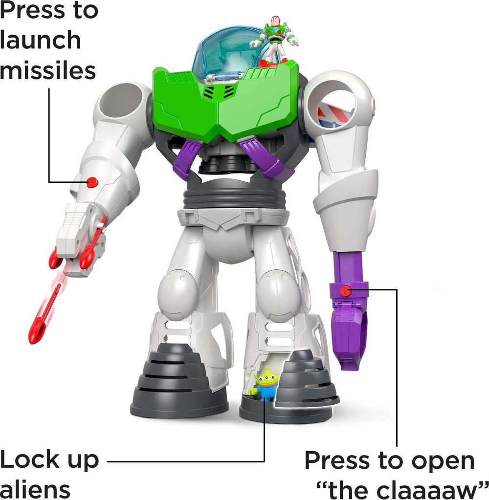 Fisher-Price Imaginext projectile launcher on the right arm sparks pretend battles.
