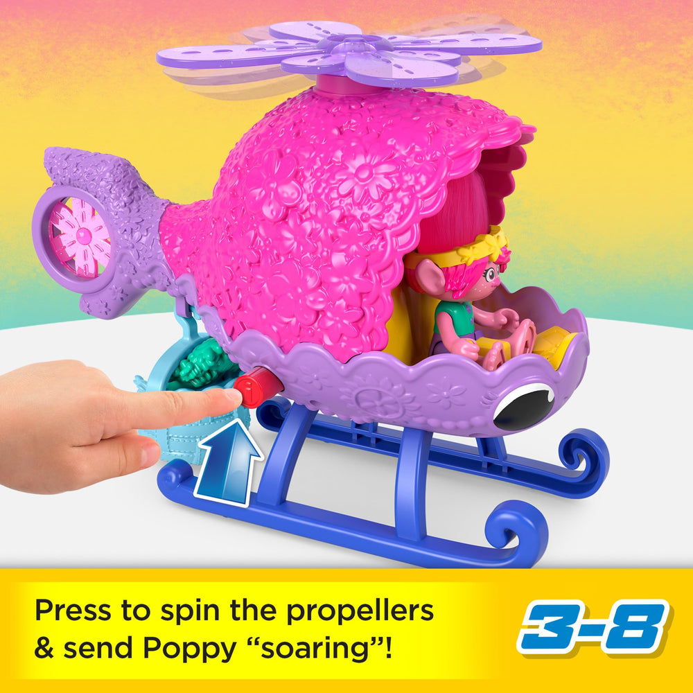 Fisher-Price Imaginext Trolls Poppy propellers spin for dynamic pretend flights.