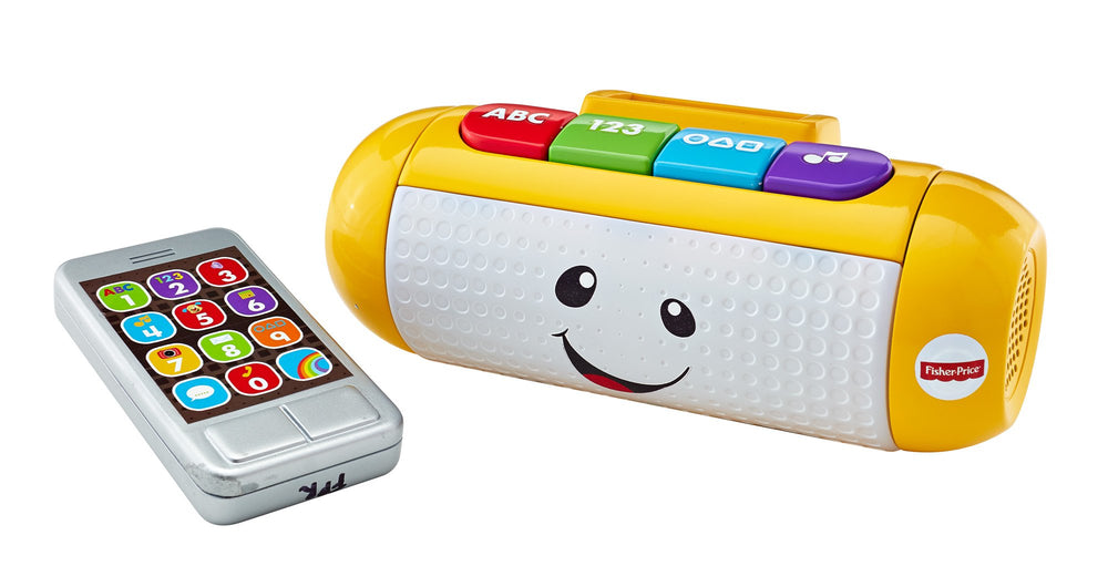 Fisher-Price Laugh & Learn speaker rattle-handle supports tactile exploration