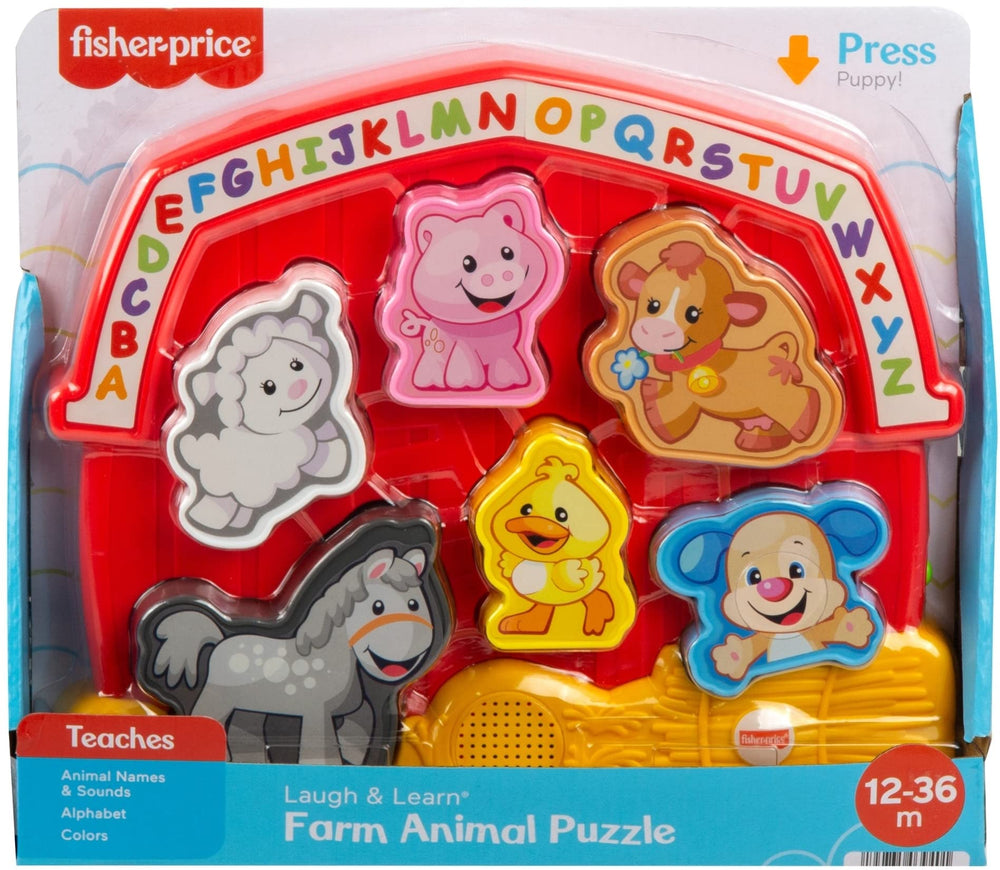 Toddler playtime scene with the Fisher-Price Laugh & Learn puzzle in action.