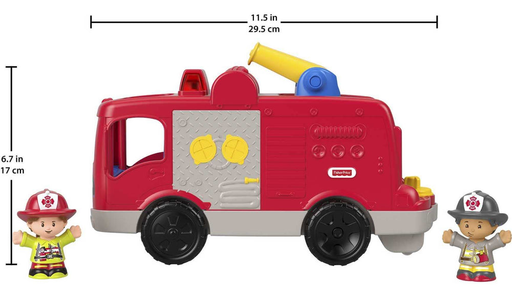 Fisher-Price Little People fire truck lights and music enhance rescue scenes.