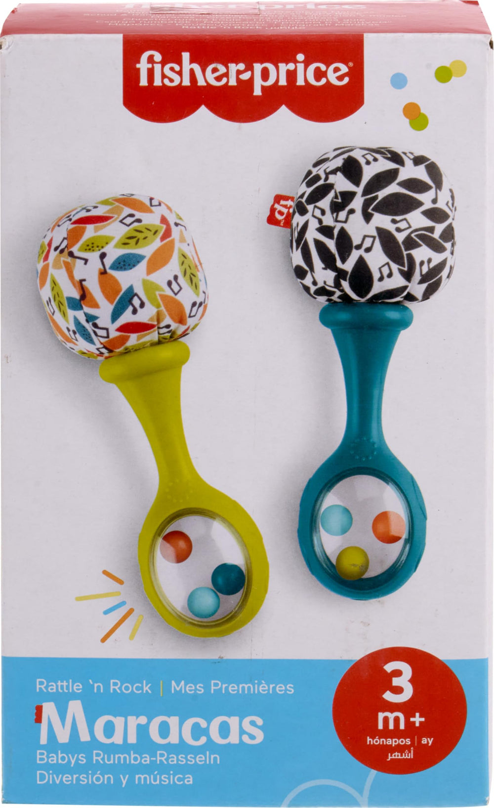 Fisher-Price Newborn maracas provide visual-stimulating textures for play.