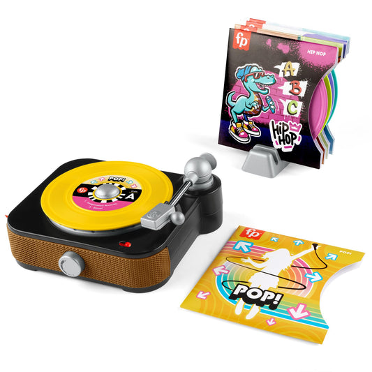 Fisher-Price Rockin’ Record Player turntable spins for imaginative pretend play.