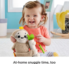 Fisher-Price Slow Much Fun sloth features crinkly fabrics for tactile exploration.