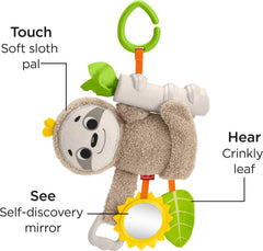 Two hanging toys: sunlit mirror and crinkly leaf for varied sensory play.