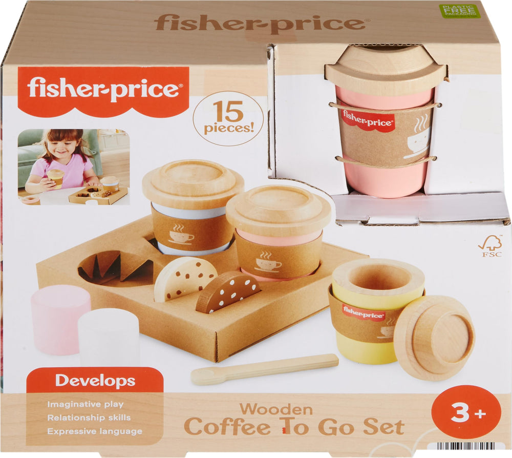 Fisher-Price wood coffee to-go cafe display for classroom or home play.