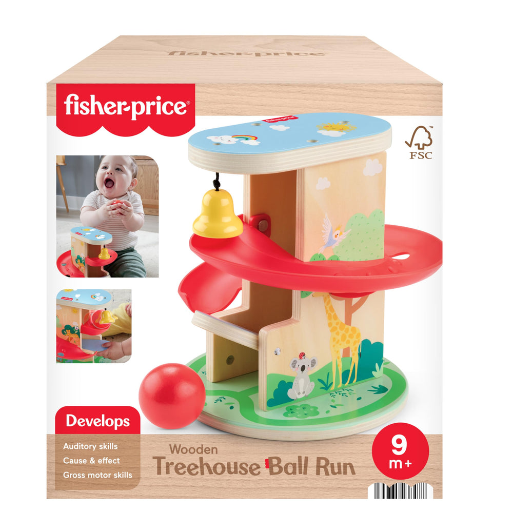 Fisher-Price Wood Treehouse Ball Run includes safe ball for rolling play.