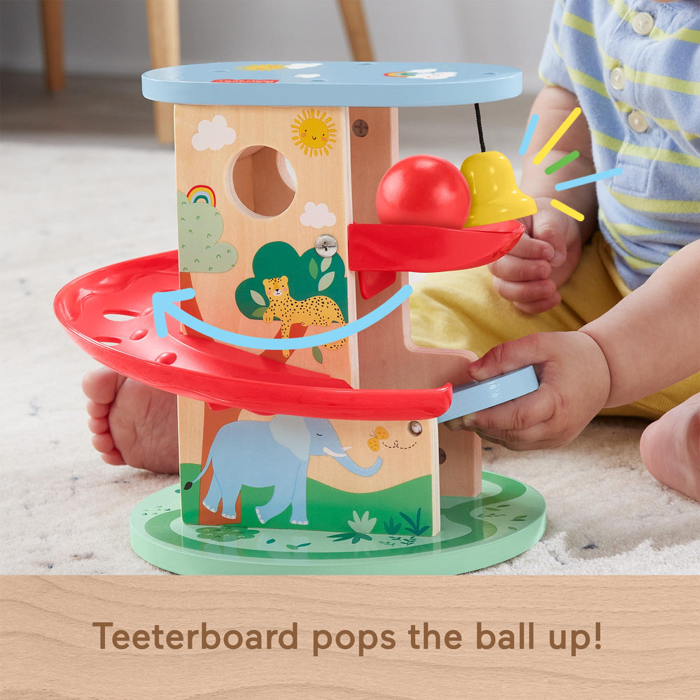 Fisher-Price Wood Treehouse Ball Run treehouse bell rings with each drop.
