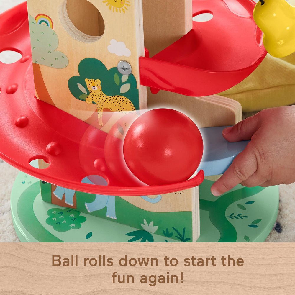 Fisher-Price Wood Treehouse Ball Run FSC wood texture invites tactile exploration.