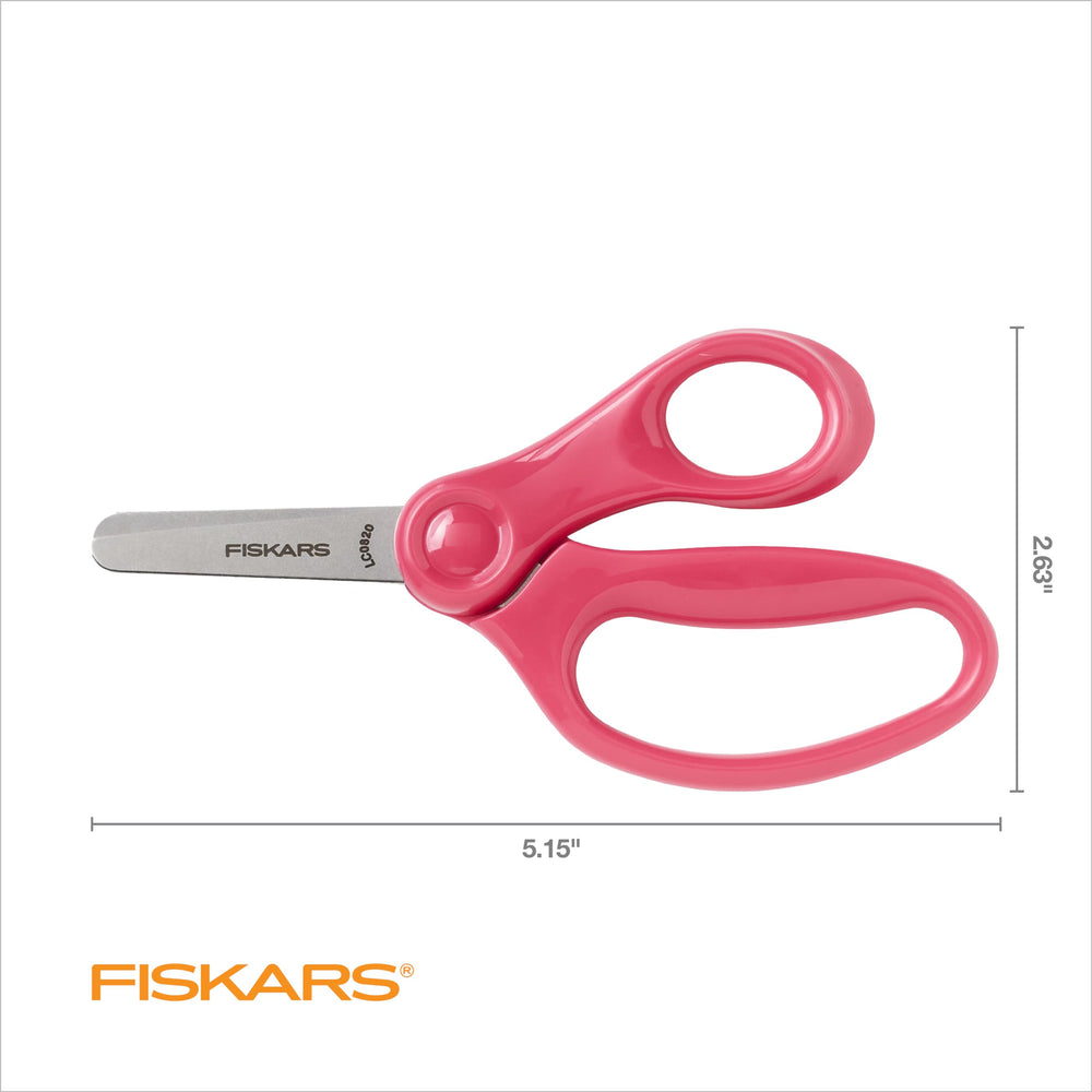 Fiskars Blunt-Tip Kids Scissors 5-inch pink, inline handle for precision in air cutting.