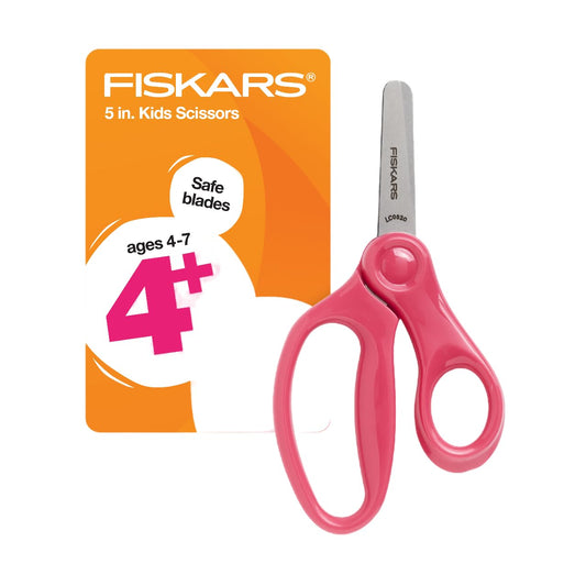 Fiskars Blunt-Tip Kids Scissors 5-inch pink, open blade designed for safe classroom cutting.