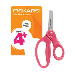 Fiskars Blunt-Tip Kids Scissors 5-inch pink, open blade designed for safe classroom cutting.