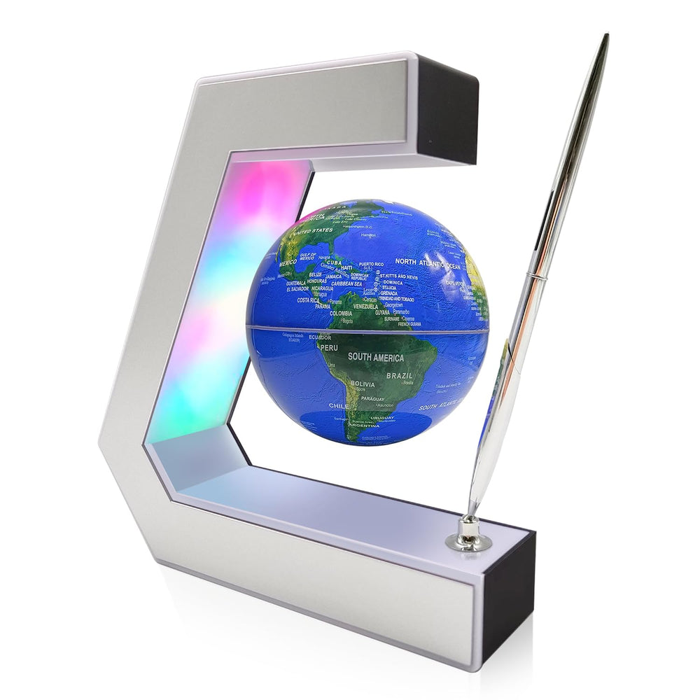 Flagest floating globe with LED light adds calming ambience to any desk.