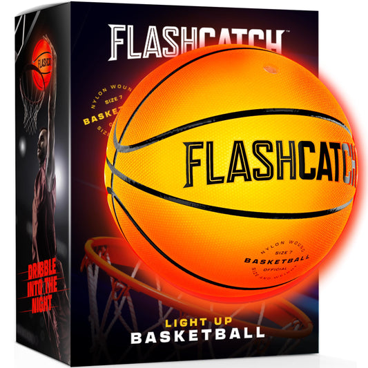 FlashCatch light-up basketball glowing on a night court during bounce