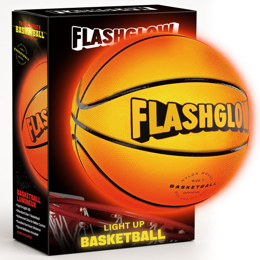 FlashGlow light-up LED basketball glows in the dark for better nighttime visibility.