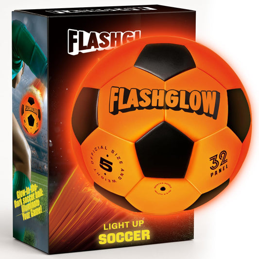 FlashGlow light-up soccer ball glowing in dark for night play