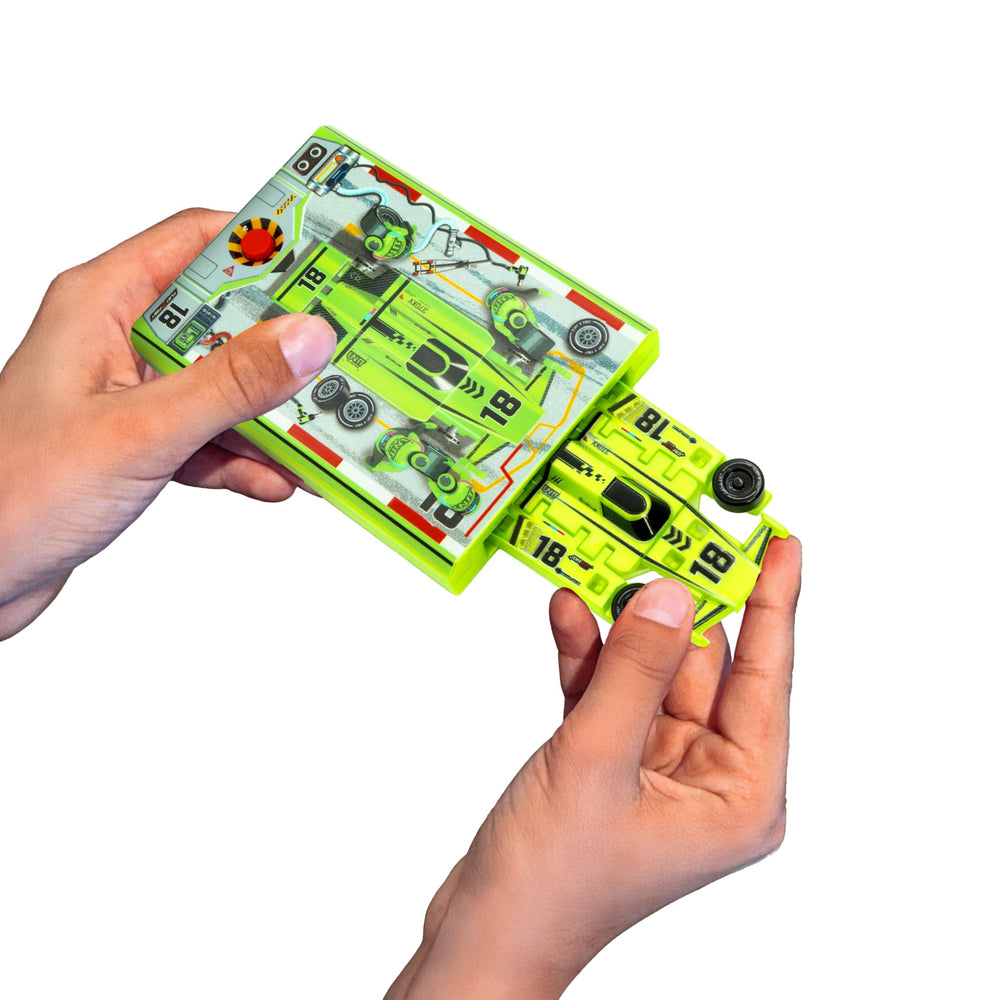 FLAT 2 FAST Neon Green speed card racer, compact and lightweight, great for travel racing.