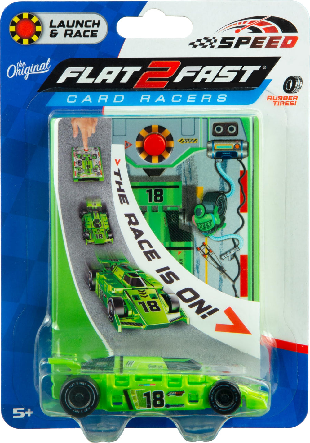 FLAT 2 FAST Neon Green speed card racer, open-wheel design, enhances aerodynamics for fast laps.