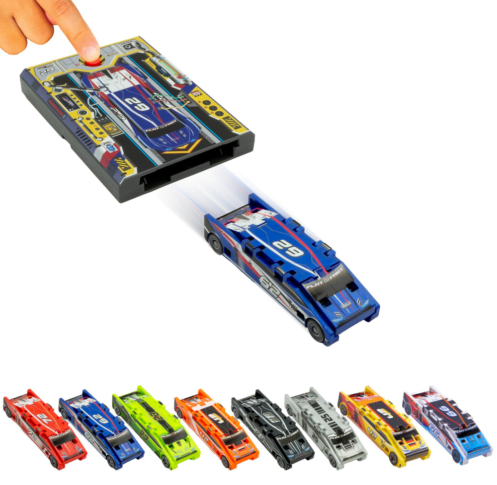 FLAT 2 FAST original stunt card racer with launcher button on cobalt blue finish for fast stunts.