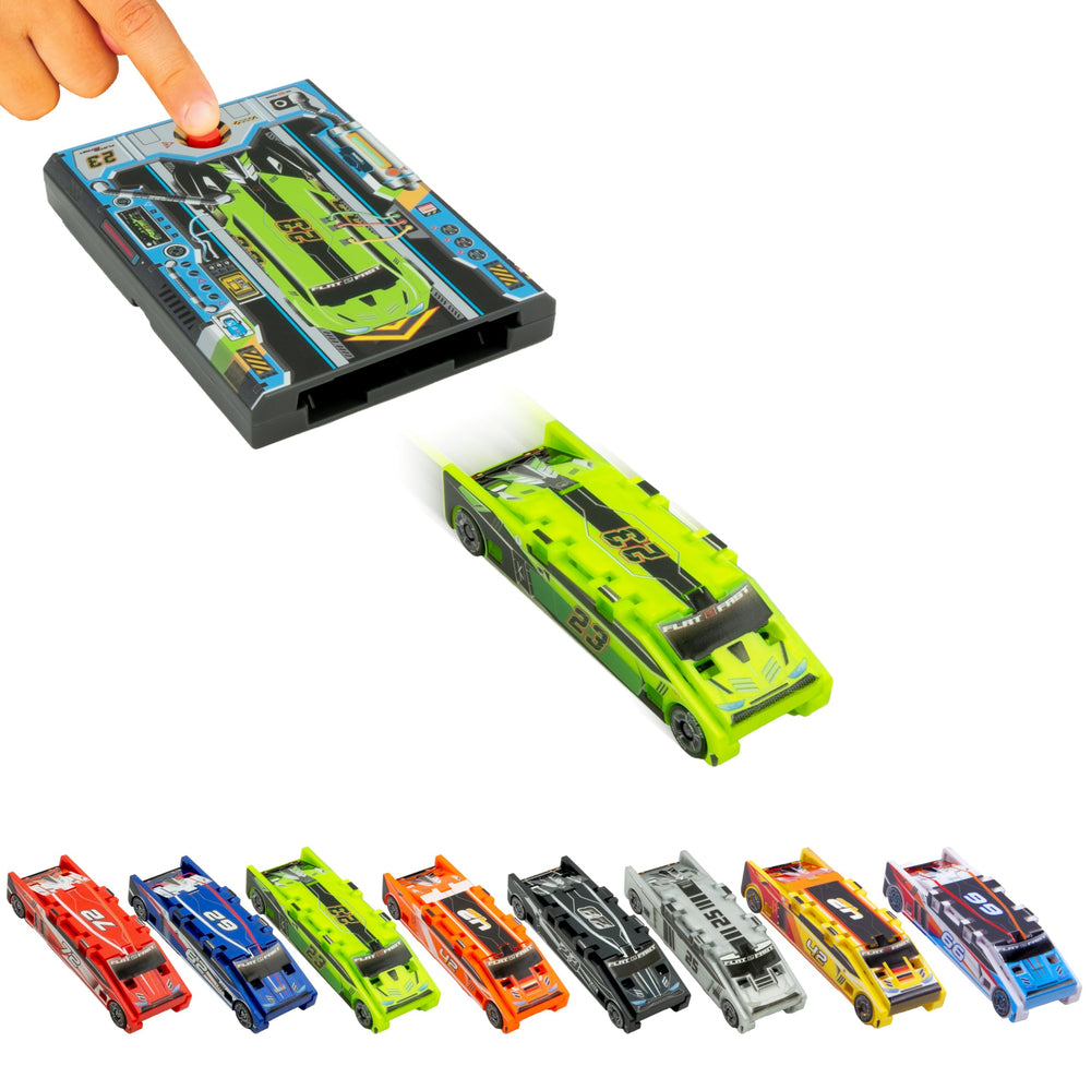 FLAT 2 FAST Original Stunt Card Racer in neon green ready for flashy stunts.