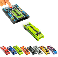 FLAT 2 FAST Original Stunt Card Racer in neon green ready for flashy stunts.