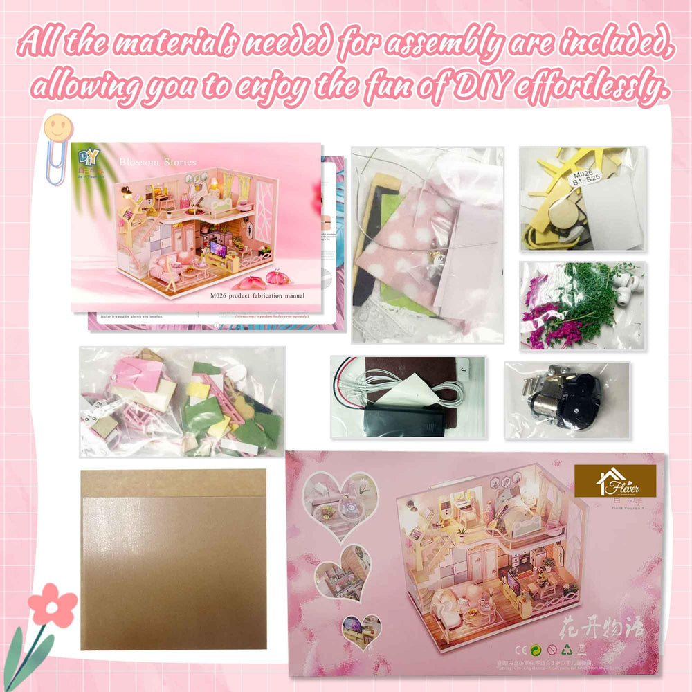 Flever dollhouse kit decor materials with fabrics and prints for cozy rooms.