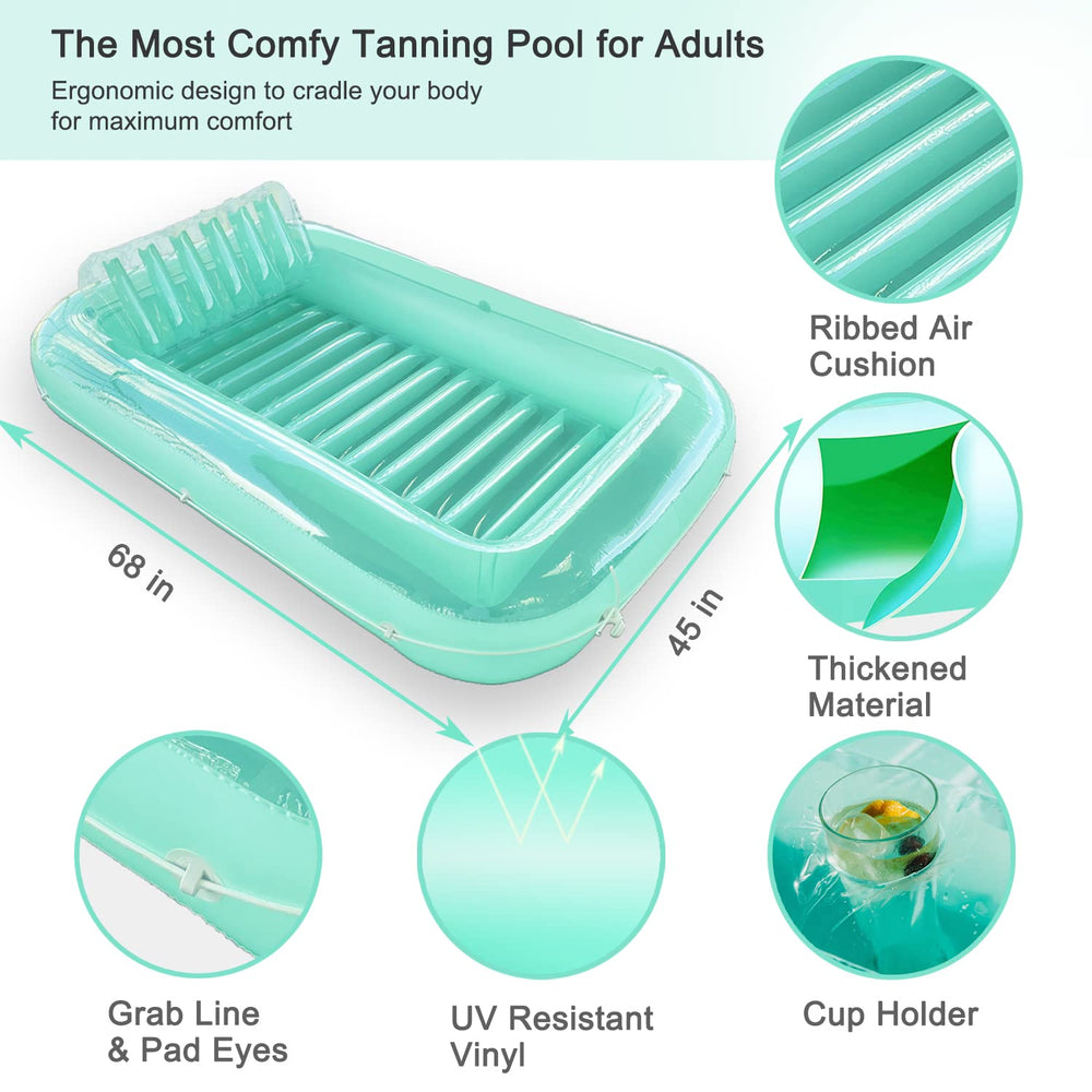 Float Joy Suntan Tub measures 70 by 40 inches when inflated for spacious lounging