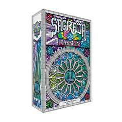 Floodgate Games Sagrada: Passion Expansion box art shows vibrant stained-glass scenes for festive game nights.