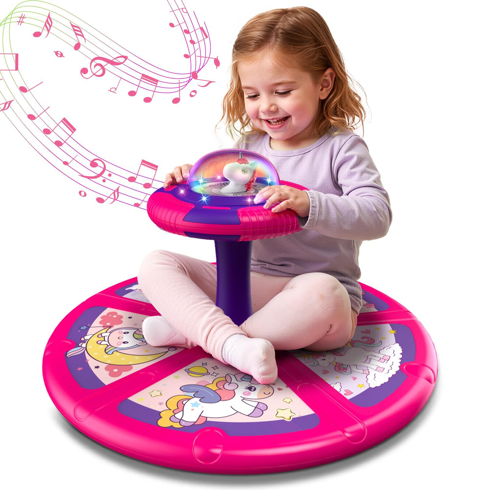 Flooyes unicorn sit-and-spin toy for toddlers with bright lights encourages imaginative play