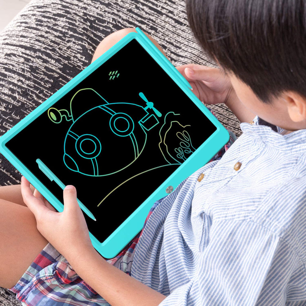 FLUESTON LCD writing tablet stylus close-up with colorful lines on screen for expressive drawing