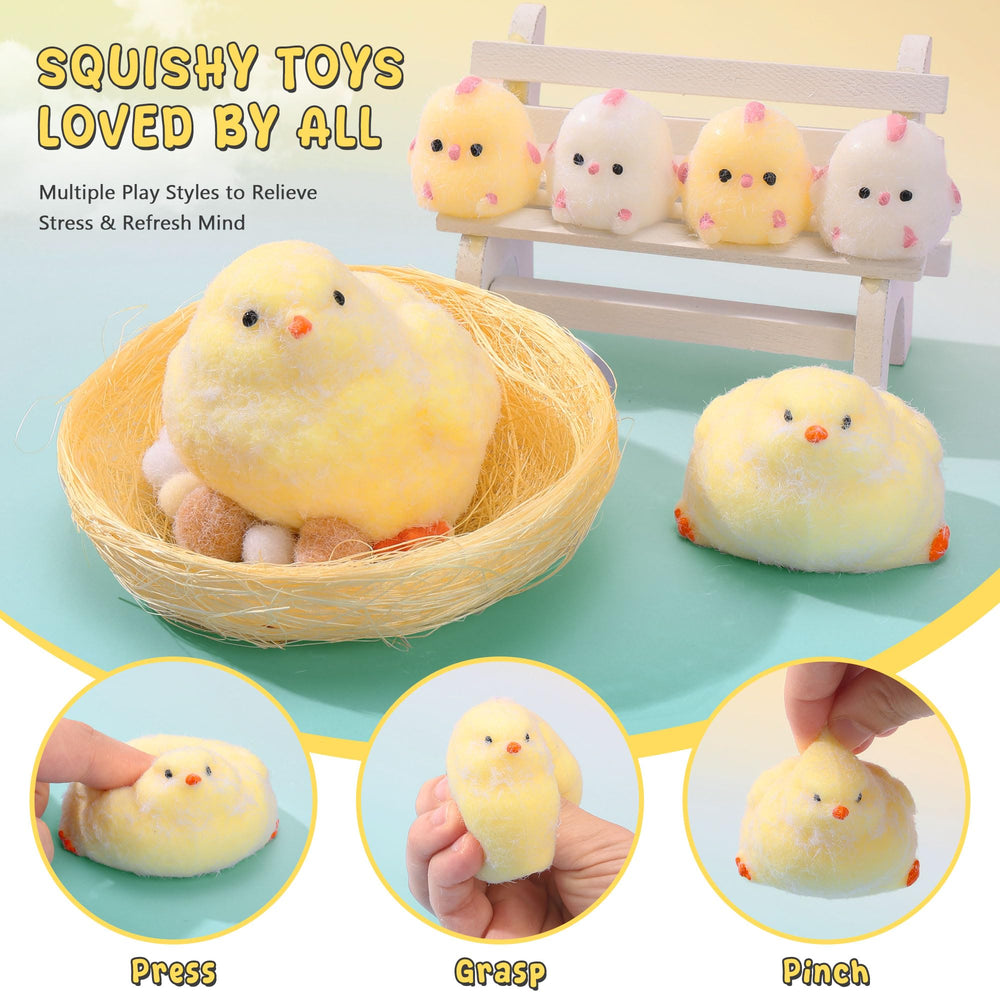 FlufiFiea 6Pcs chick toys squeezing action demonstrates stress relief during breaks.
