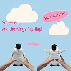 FLUFFYFUN flapping-wing penguin plush close-up fur texture, soft and safe for gentle snuggles.